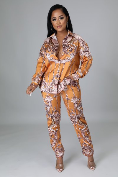 Cute fashion sexy lapel cardigan yellow print two-piece suit Z2022