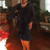 Autumn and winter ruffled round neck one-step skirt dress AQ19028