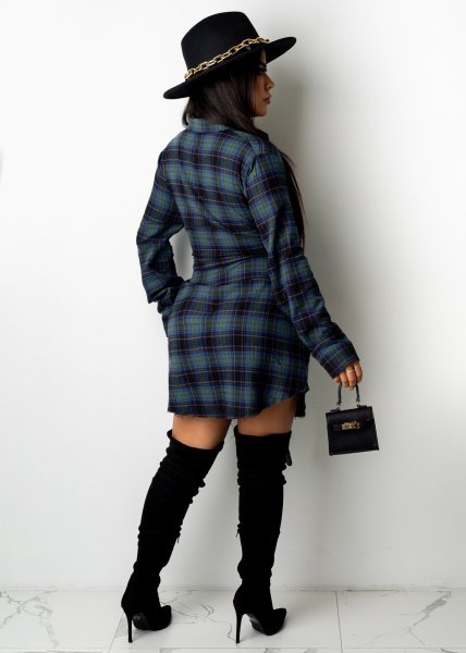 Long-sleeved lace-up plaid shirt skirt dress short skirt SJ3325