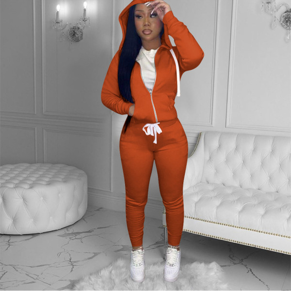 Autumn and winter solid color stovepipe slim-fit hooded sweater drawstring two-piece suit X1152