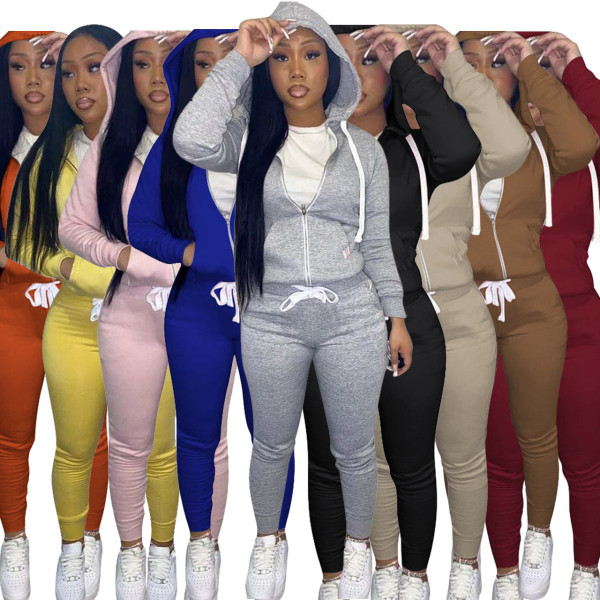 Autumn and winter solid color stovepipe slim-fit hooded sweater drawstring two-piece suit X1152