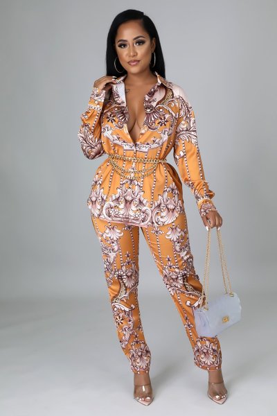 Cute fashion sexy lapel cardigan yellow print two-piece suit Z2022