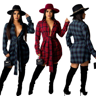 Long-sleeved lace-up plaid shirt skirt dress short skirt SJ3325