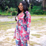Women's Digital Printed Tube Top Drawstring Trumpet Sleeve Fashion Sexy 2-Piece Set SZ8183
