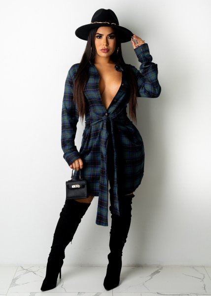 Long-sleeved lace-up plaid shirt skirt dress short skirt SJ3325