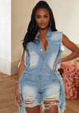 New style ripped fashion all-match street personality fringed denim jumpsuit JLX6908
