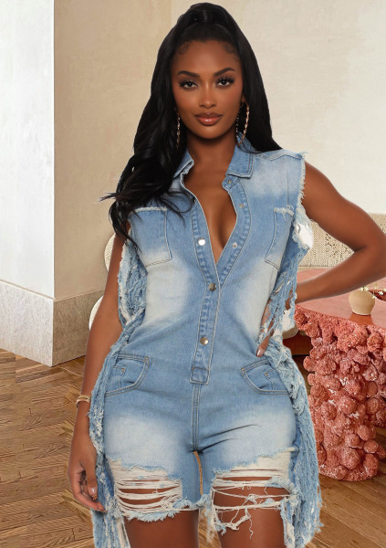 New style ripped fashion all-match street personality fringed denim jumpsuit JLX6908