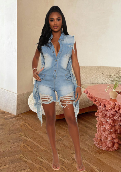 New style ripped fashion all-match street personality fringed denim jumpsuit JLX6908