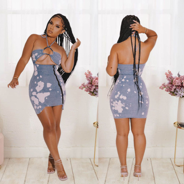 Autumn women's new style fried street personality fashion halter lace sexy bag hip denim dress JLX3511
