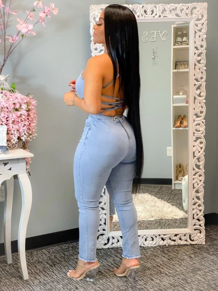 Casual fashion slim backless bandage denim jumpsuit JLX6060