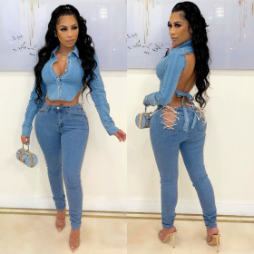 Washed denim jacket halter top JLX3515