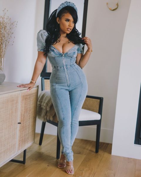 Fashion new European and American denim slim slimming puff sleeve jumpsuit jeans JLX6086