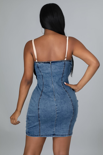 Fashion sexy side eyelet strap stitching strap denim dress short skirt JLX3505