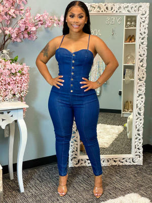 Slim slim denim jumpsuit jumpsuit with suspenders and feet trousers JLX3512
