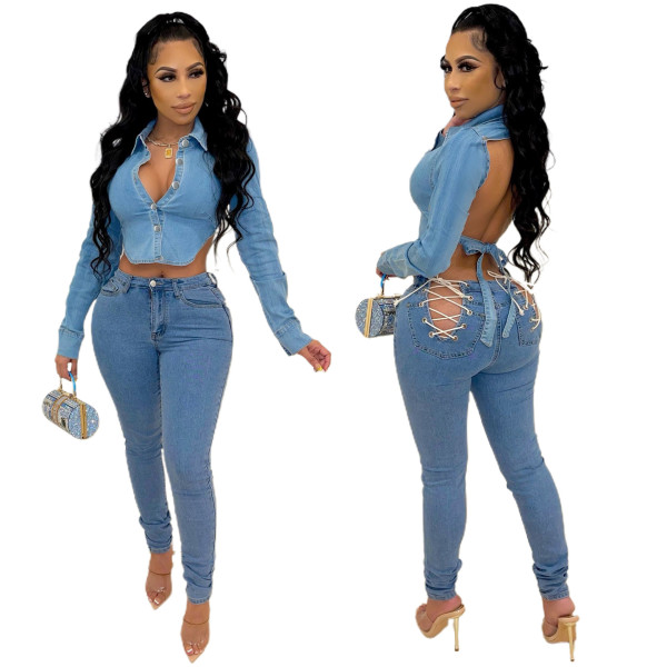 Washed denim jacket halter top JLX3515