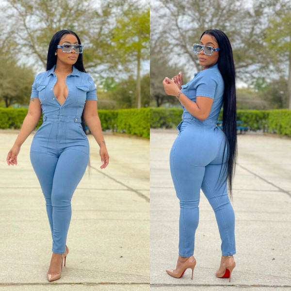 Women's short-sleeved casual women's denim jumpsuit JLX3513