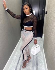 Ladies Sexy Lace Long Sleeve Navel Two-Piece Set CY9182