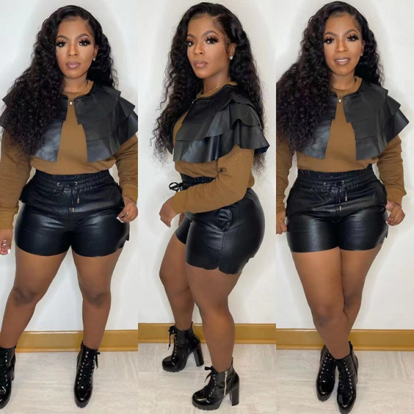 Fashion casual suit PU leather cape two-piece suit waist elastic leather pants autumn and winter new WDS211103