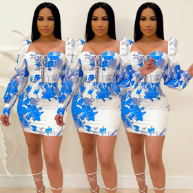 Fashion printed lace-up puff sleeve dress S90085