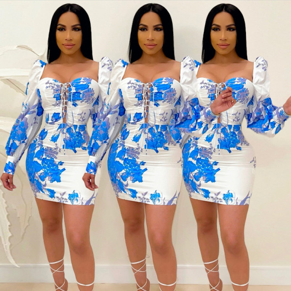 Fashion printed lace-up puff sleeve dress S90085