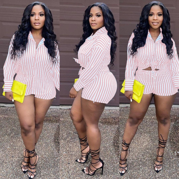 Women's nightclub fashion sexy cardigan loose striped temperament commuter shirt long sleeve suit Q5258