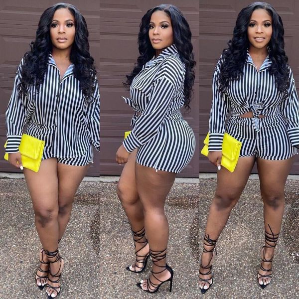 Women's nightclub fashion sexy cardigan loose striped temperament commuter shirt long sleeve suit Q5258