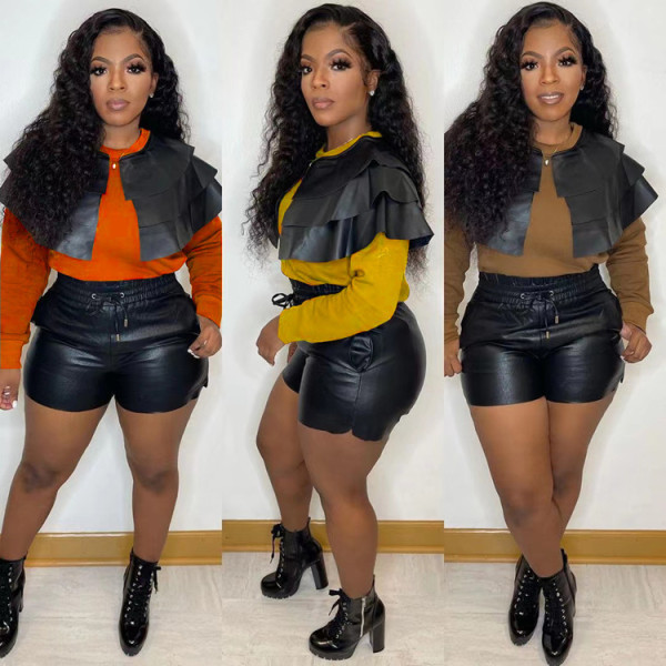 Fashion casual suit PU leather cape two-piece suit waist elastic leather pants autumn and winter new WDS211103