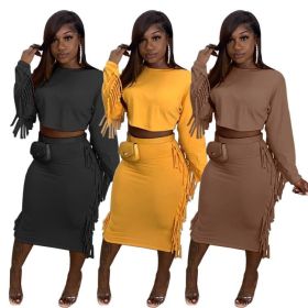 Plus size women's clothing solid color tassel fashion casual suit sexy skirt two-piece suit H1750