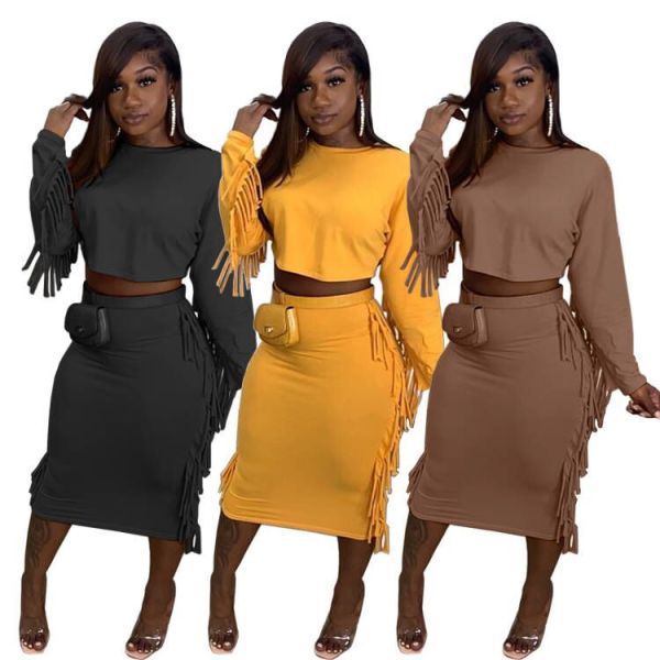 Plus size women's clothing solid color tassel fashion casual suit sexy skirt two-piece suit H1750