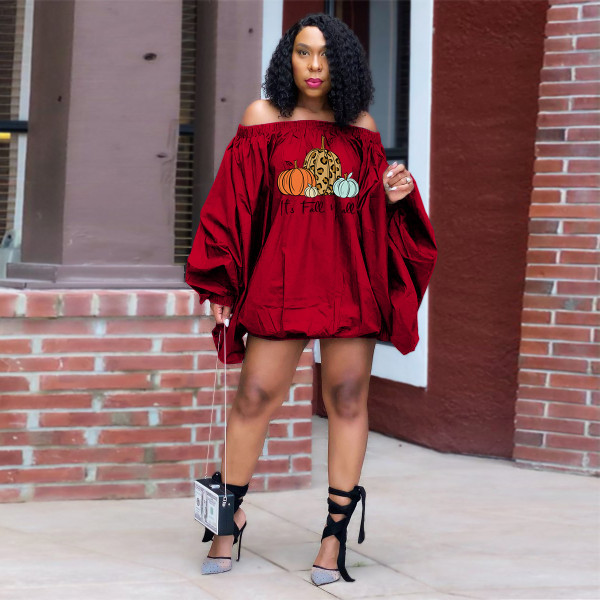 Halloween hot sale hot style large size solid color one-shoulder lantern dress women's clothing H1727