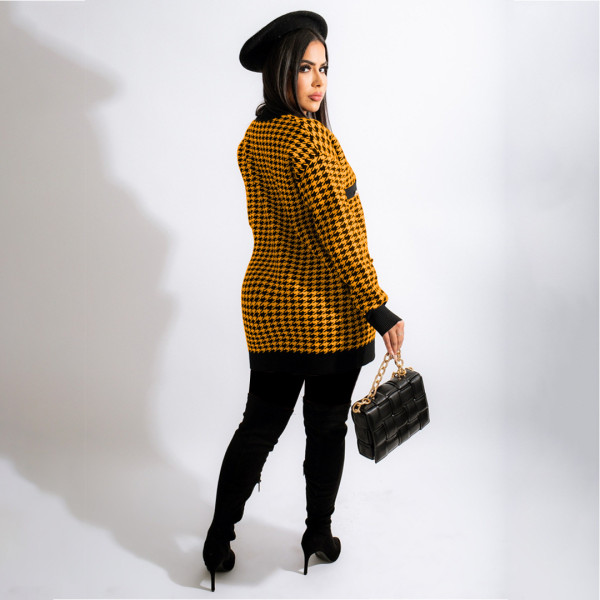 Fashion casual houndstooth print pocket V-neck mid-length loose cardigan jacket SM9212