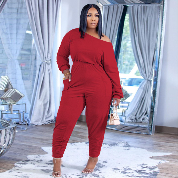 Plus size women's fashion casual suit solid color cotton oblique shoulder autumn and winter new two-piece suit H1743
