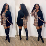 Women's Fashion Casual Plaid Printed Splicing Personalized Neckline Waist Wide Loose Long Sleeve Shirt SM9215