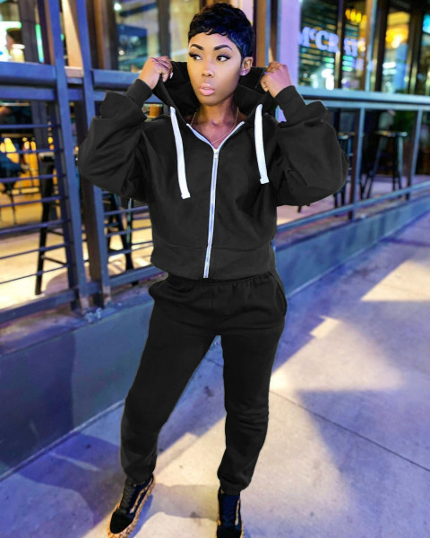 Two-piece casual solid color long-sleeved trousers cardigan sweater D9335