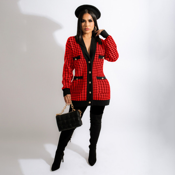 Fashion casual houndstooth print pocket V-neck mid-length loose cardigan jacket SM9212