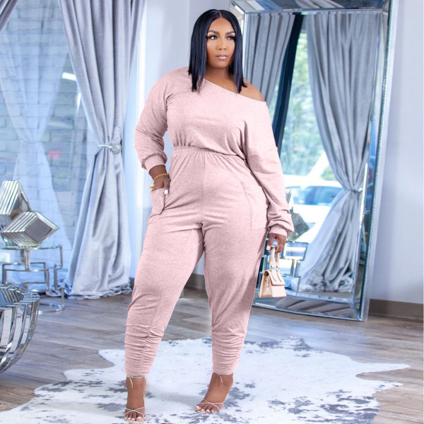 Plus size women's fashion casual suit solid color cotton oblique shoulder autumn and winter new two-piece suit H1743