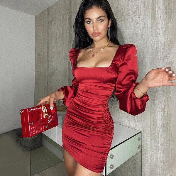 Pure color dress women's hot style women's sexy open back square collar long sleeve temperament tight-fitting hip skirt FD8772