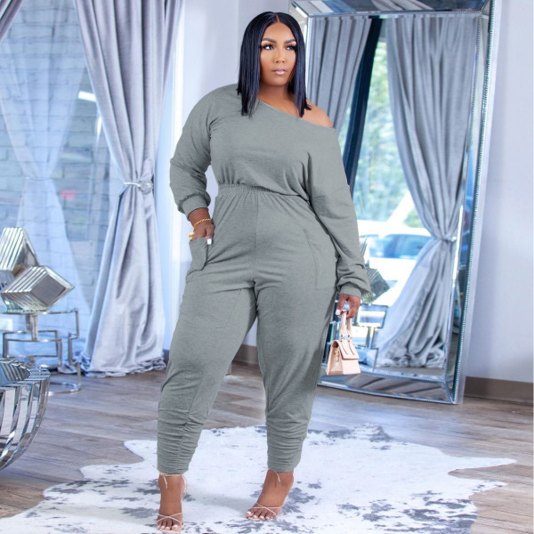 Plus size women's fashion casual suit solid color cotton oblique shoulder autumn and winter new two-piece suit H1743