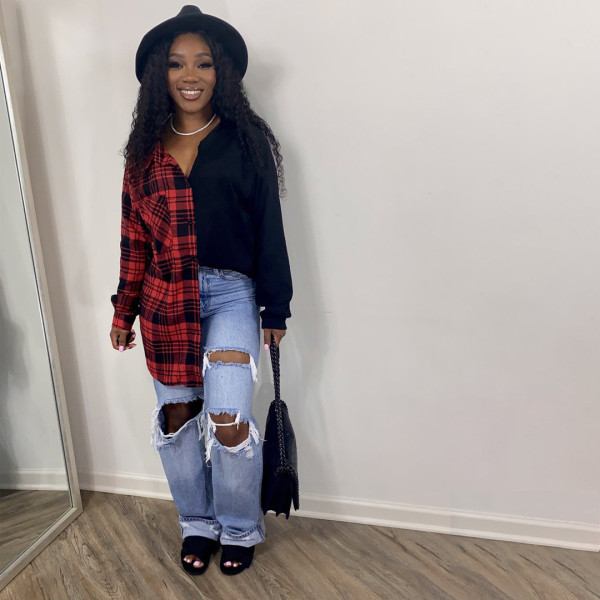 Women's Fashion Casual Plaid Printed Splicing Personalized Neckline Waist Wide Loose Long Sleeve Shirt SM9215