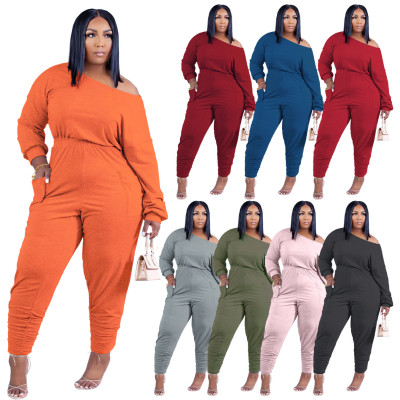 Plus size women's fashion casual suit solid color cotton oblique shoulder autumn and winter new two-piece suit H1743
