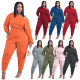 Plus size women's fashion casual suit solid color cotton oblique shoulder autumn and winter new two-piece suit H1743