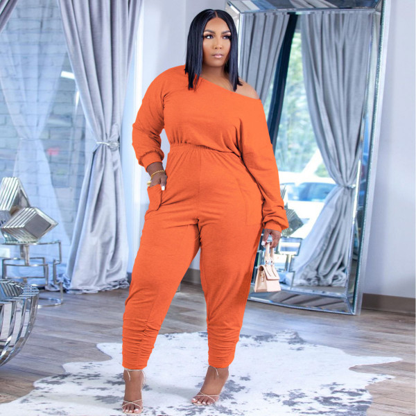 Plus size women's fashion casual suit solid color cotton oblique shoulder autumn and winter new two-piece suit H1743