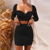 2021 autumn and winter long-sleeved hip skirt sexy low-cut pleated fleece two-piece suit women ZY1512