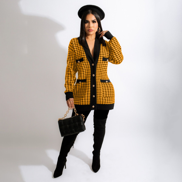 Fashion casual houndstooth print pocket V-neck mid-length loose cardigan jacket SM9212