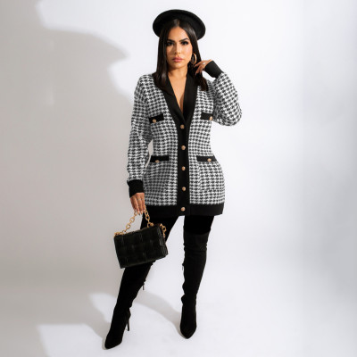 Fashion casual houndstooth print pocket V-neck mid-length loose cardigan jacket SM9212