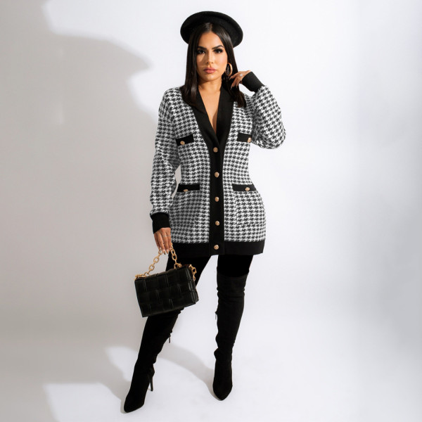 Fashion casual houndstooth print pocket V-neck mid-length loose cardigan jacket SM9212