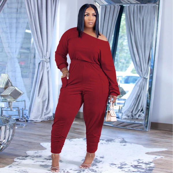 Plus size women's fashion casual suit solid color cotton oblique shoulder autumn and winter new two-piece suit H1743
