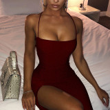 Sling dress women 2021 spring and autumn new European and American bright silk women's sexy backless lace-up slit temperament long skirt FD8512