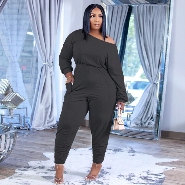 Plus size women's fashion casual suit solid color cotton oblique shoulder autumn and winter new two-piece suit H1743