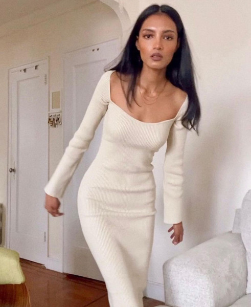 Autumn and winter new hot sale strapless rabbit fur flared sleeve sexy dress sweater LH0532